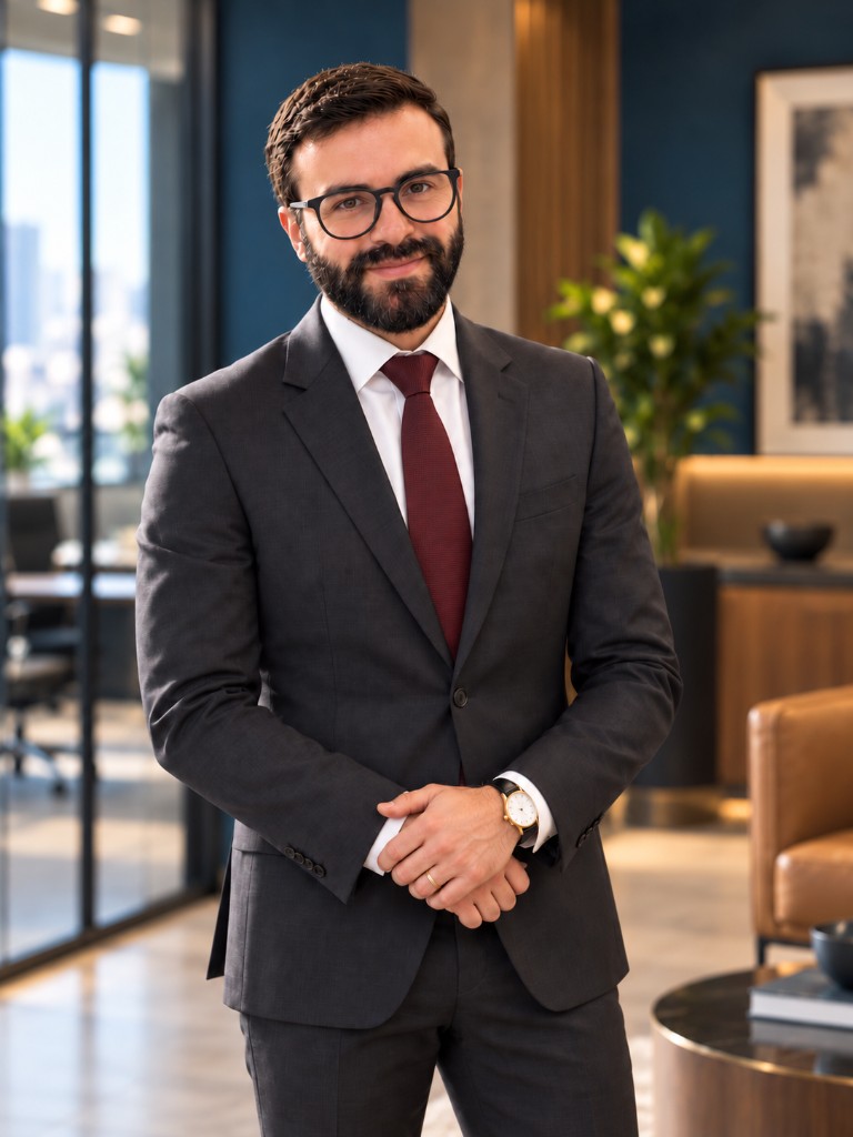 Retrato de Wellington Oliveira, consultor financeiro, em pé, de terno cinza e gravata vinho